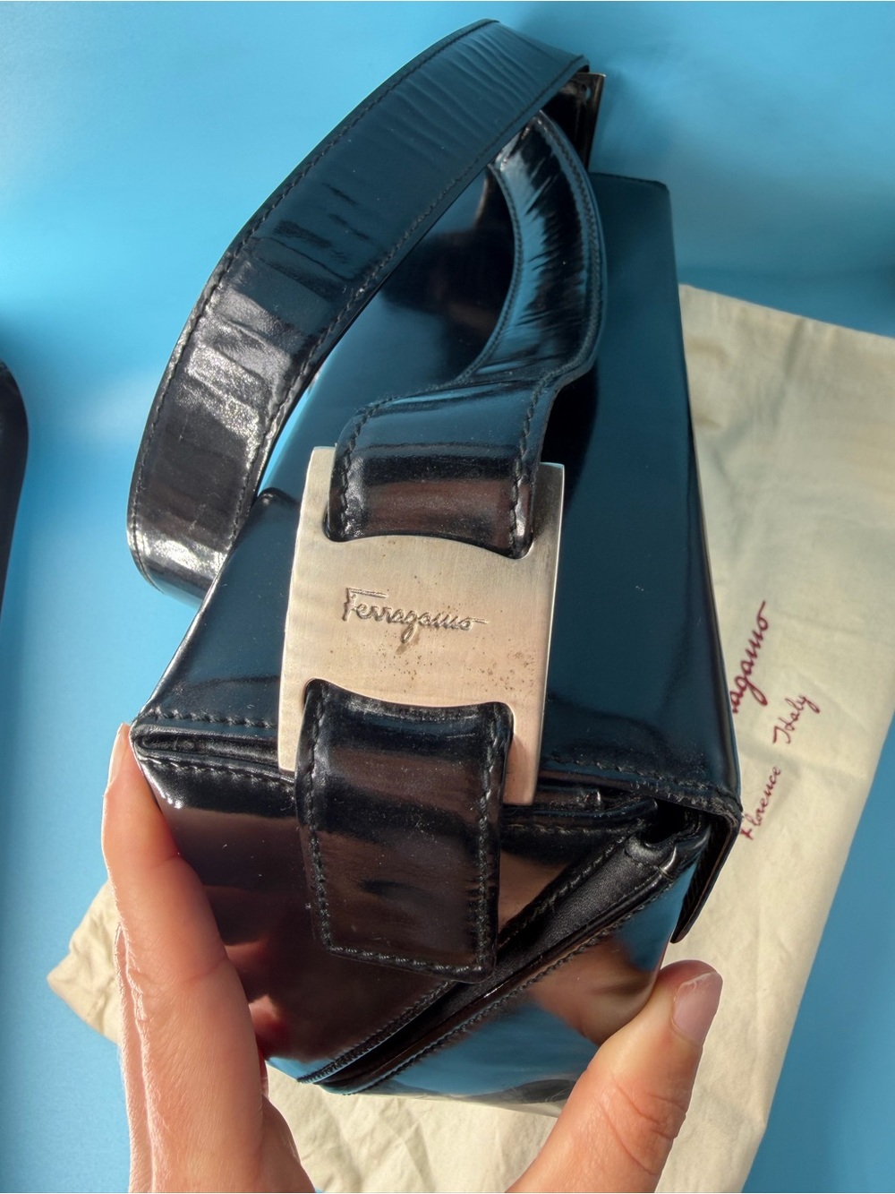 Salvatore Ferragamo Black Patent Leather Box Shoulder Bag Vintage 90s - Picture 3 of 12